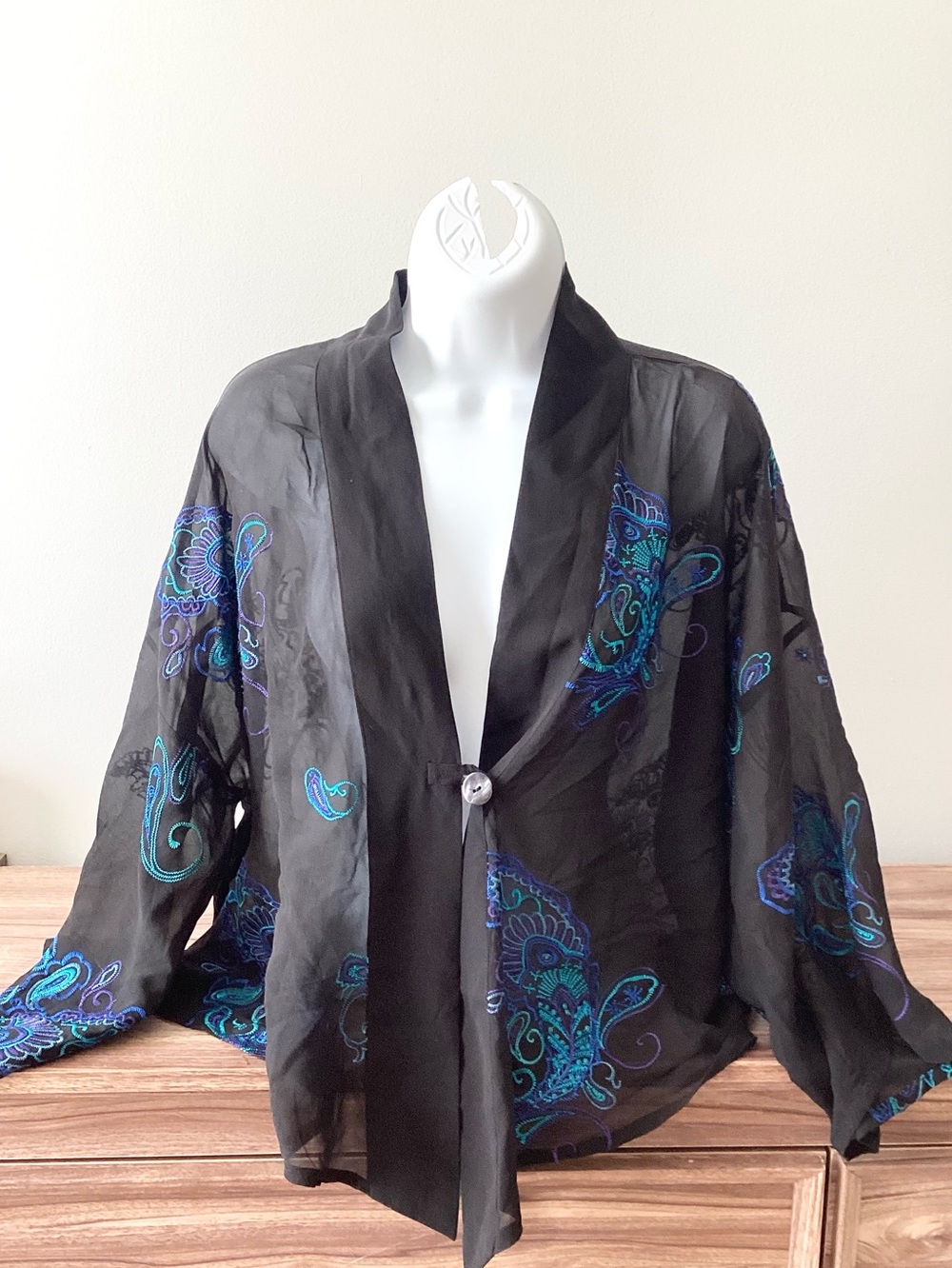 Y2K Chicos 100% Silk Sheer Black Butterfly Embroidered Boho Cover Up Blouse S